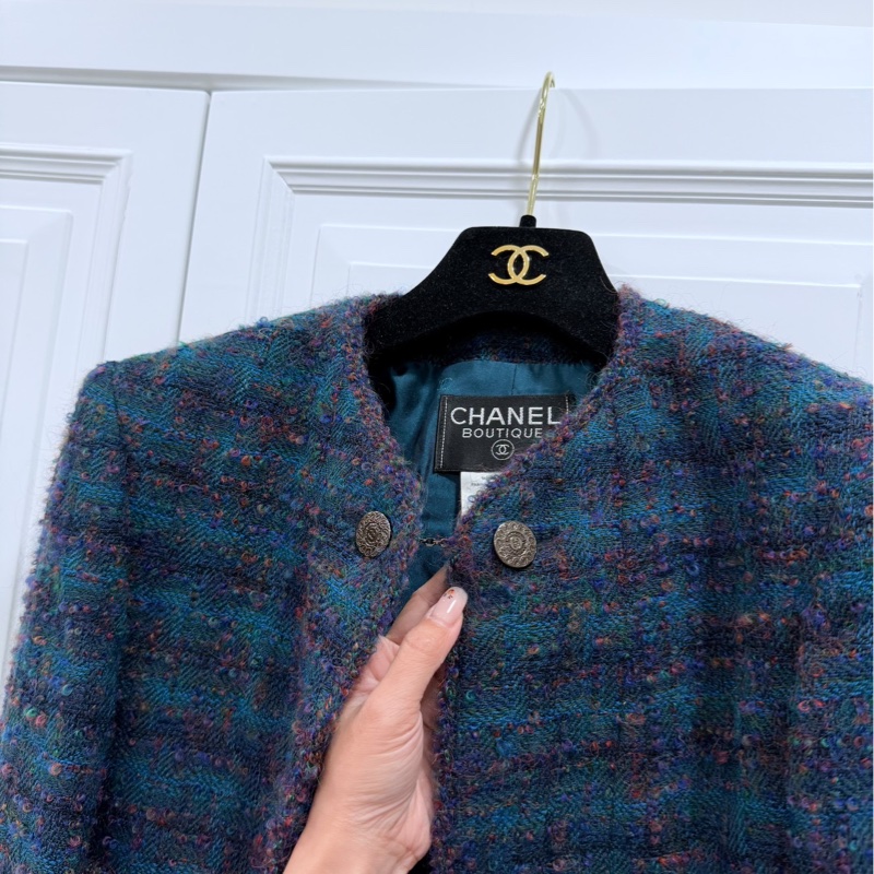 Chanel 孔雀藍 紫 粗呢 方格四口袋 西外 毛呢外套 外套-1