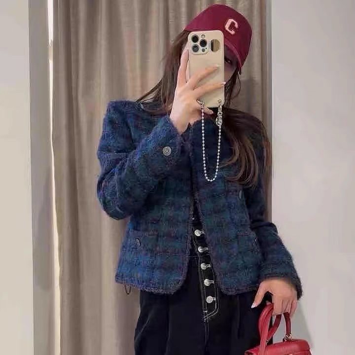 Chanel 孔雀藍 紫 粗呢 方格四口袋 西外 毛呢外套 外套-2