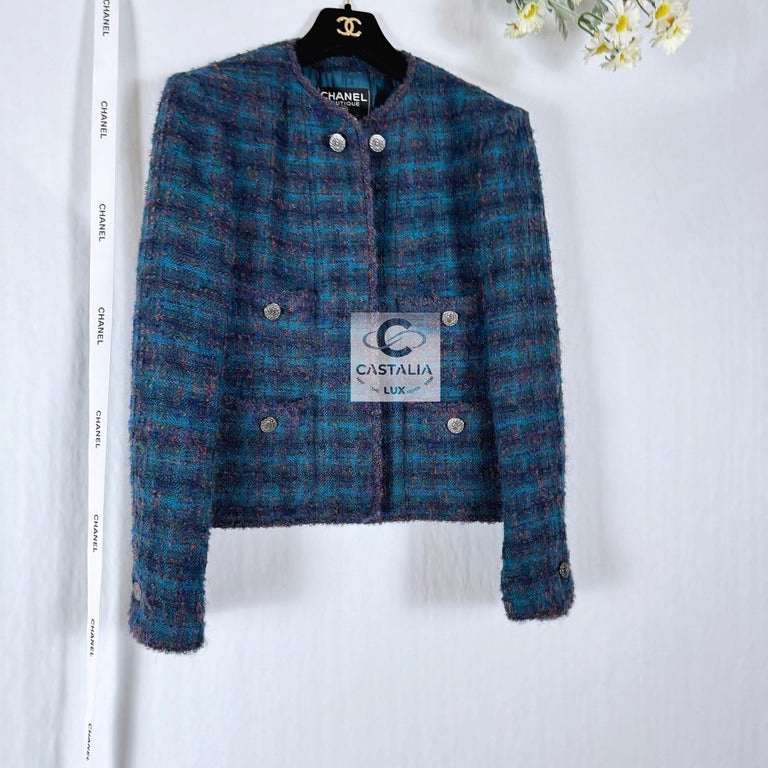 Chanel 孔雀藍 紫 粗呢 方格四口袋 西外 毛呢外套 外套-3