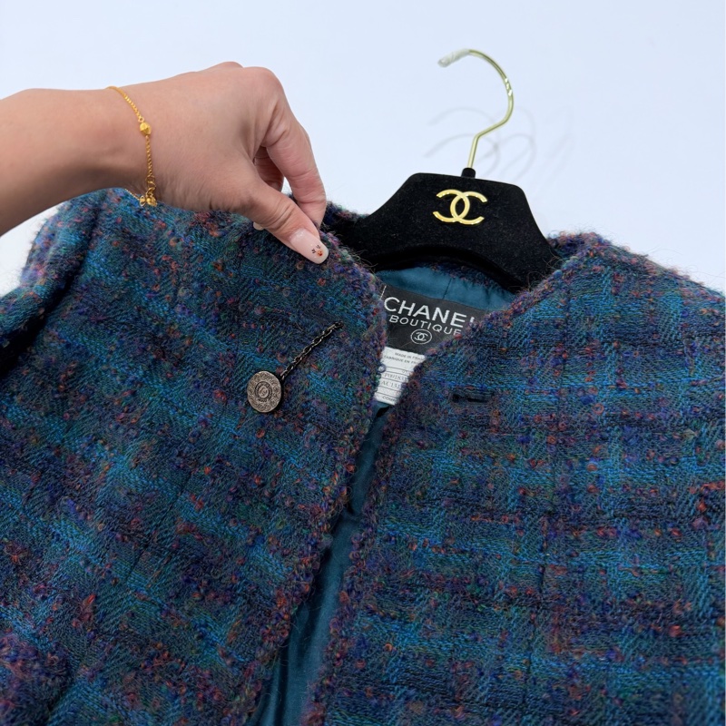 Chanel 孔雀藍 紫 粗呢 方格四口袋 西外 毛呢外套 外套-6
