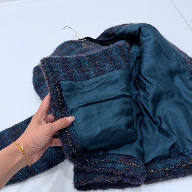 Chanel 孔雀藍 紫 粗呢 方格四口袋 西外 毛呢外套 外套-10