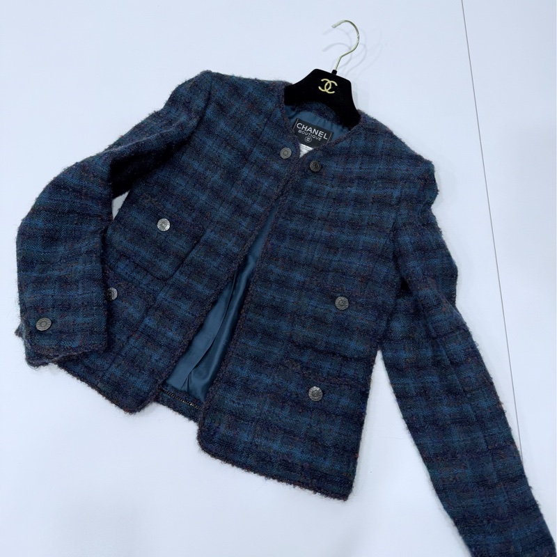Chanel 孔雀藍 紫 粗呢 方格四口袋 西外 毛呢外套 外套-13