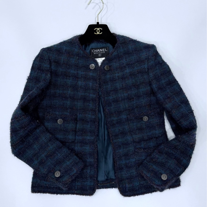 Chanel 孔雀藍 紫 粗呢 方格四口袋 西外 毛呢外套 外套-14