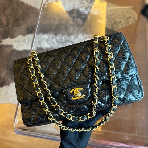 Chanel 香奈兒魚子醬黑金菱格紋雙蓋cf鏈條包