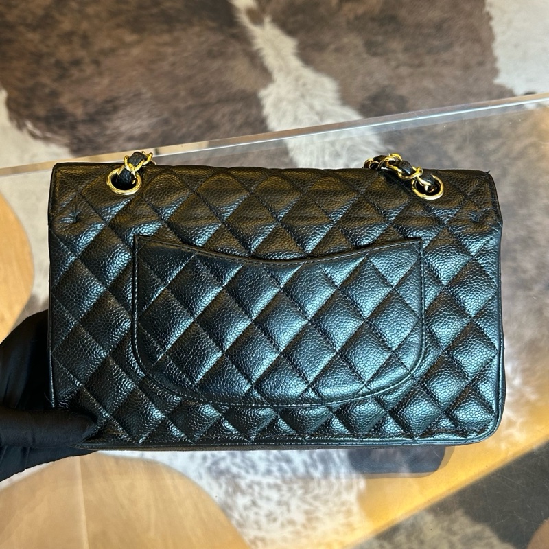 Chanel 香奈兒魚子醬黑金菱格紋雙蓋cf鏈條包-1