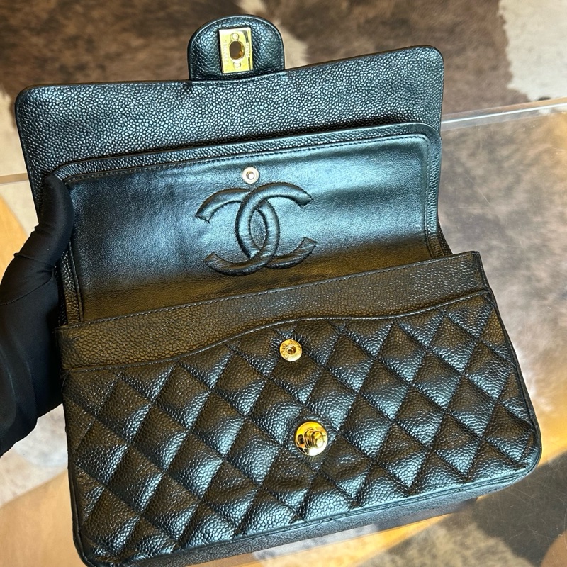 Chanel 香奈兒魚子醬黑金菱格紋雙蓋cf鏈條包-8