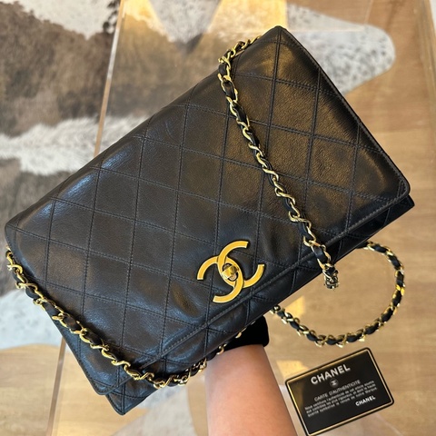 Chanel 香奈兒牛皮菱格紋黑金大雙c鏈條包帶卡