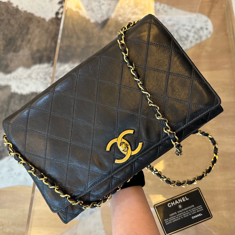 Chanel 香奈兒牛皮菱格紋黑金大雙c鏈條包帶卡-0