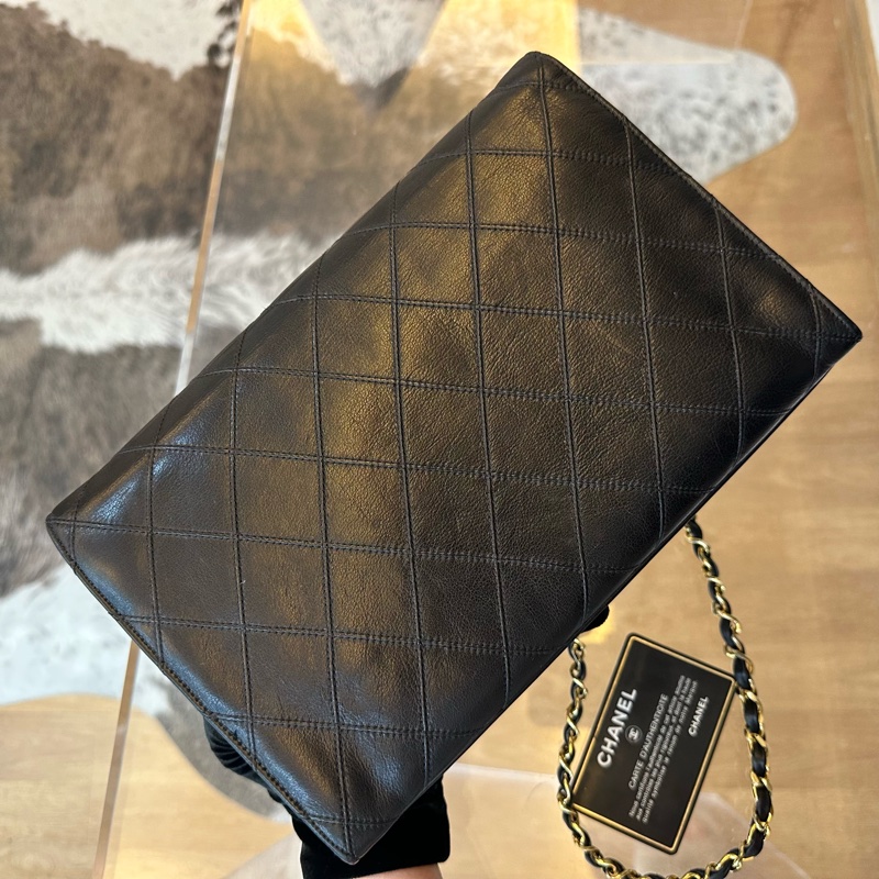 Chanel 香奈兒牛皮菱格紋黑金大雙c鏈條包帶卡-2