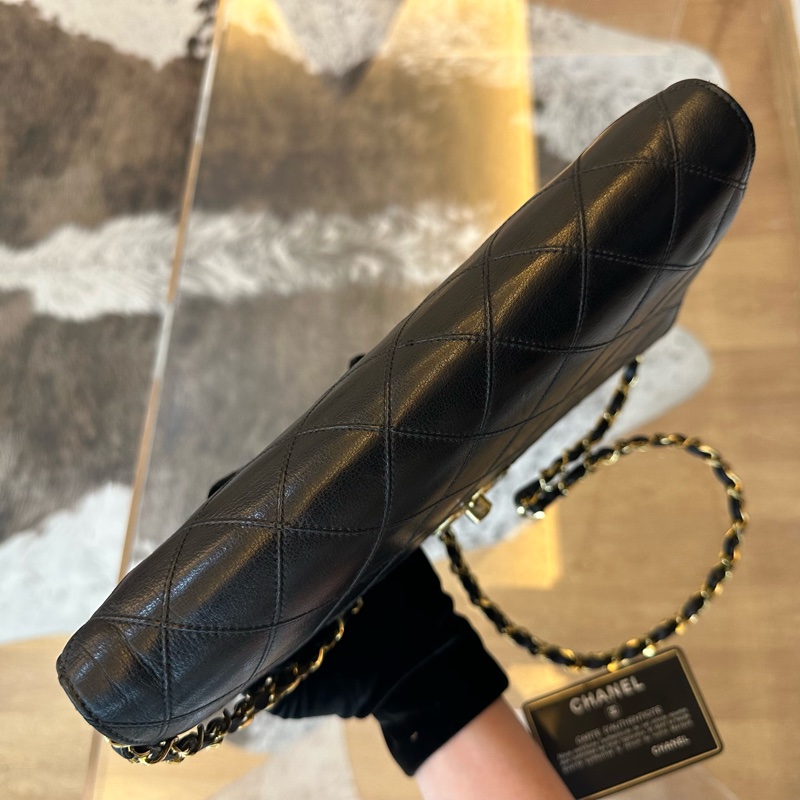 Chanel 香奈兒牛皮菱格紋黑金大雙c鏈條包帶卡-3