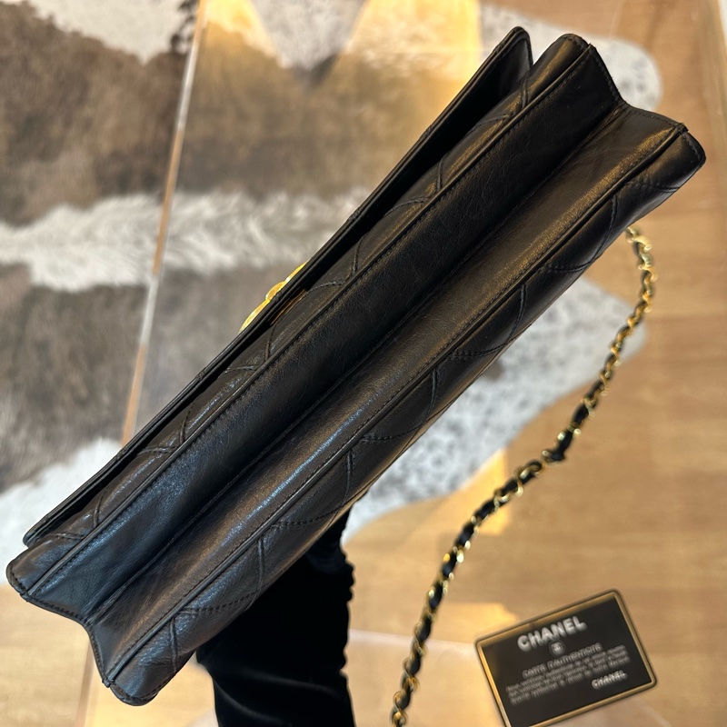 Chanel 香奈兒牛皮菱格紋黑金大雙c鏈條包帶卡-4