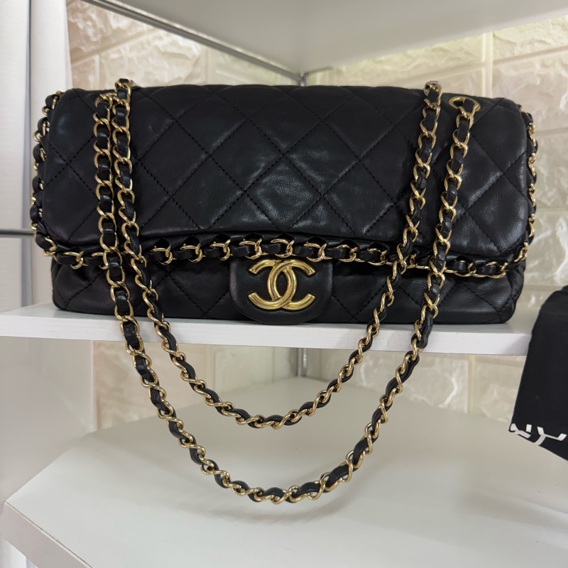 Chanel 香奈兒黑金滾邊鏈條菱格紋雙C logo 鏈條包-0