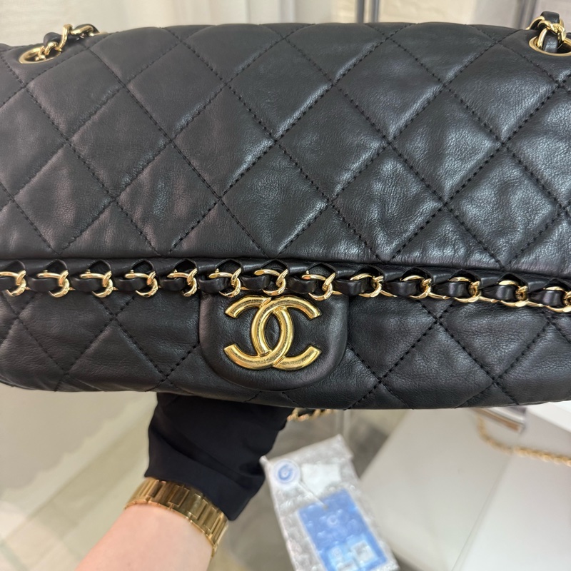 Chanel 香奈兒黑金滾邊鏈條菱格紋雙C logo 鏈條包-11