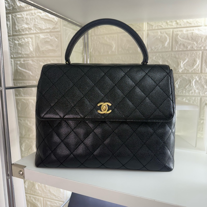 Chanel 香奈兒魚子醬黑金菱格紋雙c扣凱莉晚宴包-0