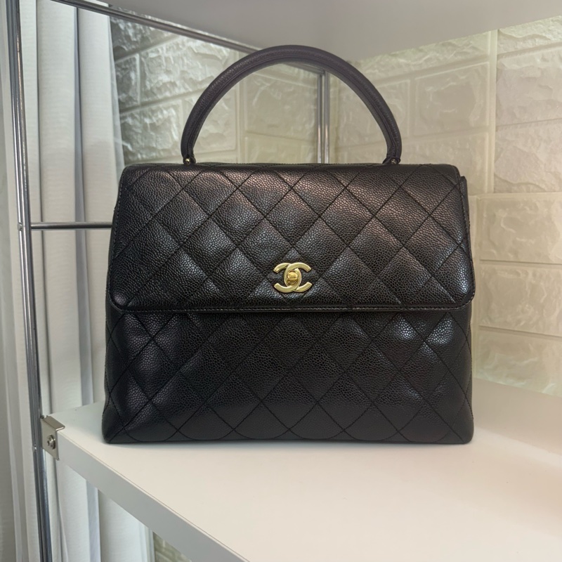 Chanel 香奈兒魚子醬黑金菱格紋雙c扣凱莉晚宴包-13