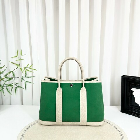 HERMES garden party 30 X刻 帆布拼皮竹子綠拼奶昔白 花園30手提包