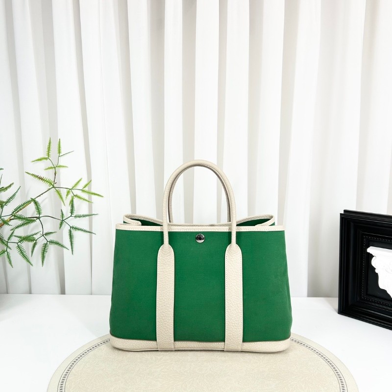 HERMES garden party 30 X刻 帆布拼皮竹子綠拼奶昔白 花園30手提包-0