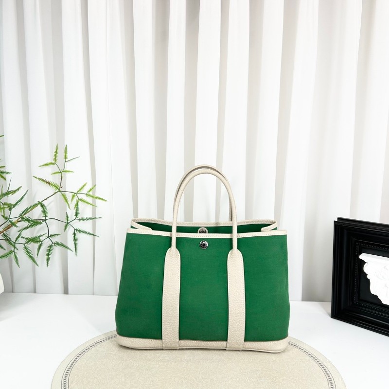 HERMES garden party 30 X刻 帆布拼皮竹子綠拼奶昔白 花園30手提包-1