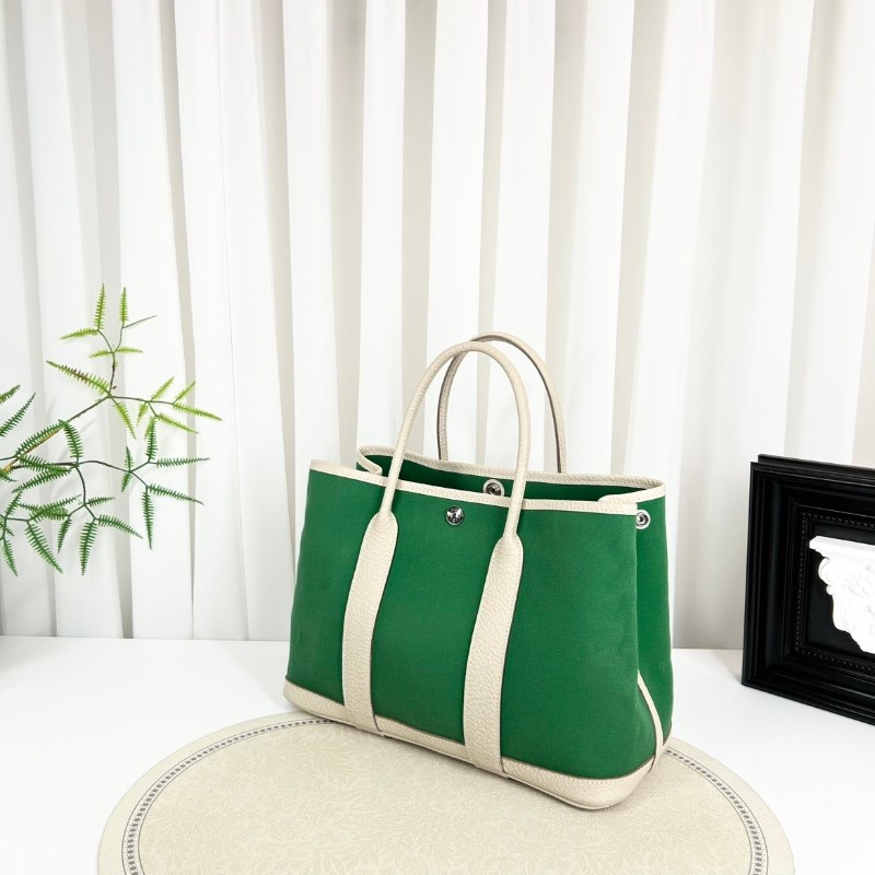 HERMES garden party 30 X刻 帆布拼皮竹子綠拼奶昔白 花園30手提包-4