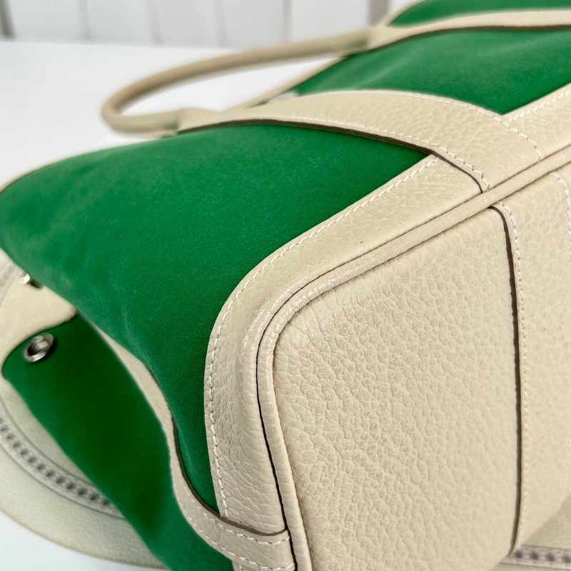 HERMES garden party 30 X刻 帆布拼皮竹子綠拼奶昔白 花園30手提包-11