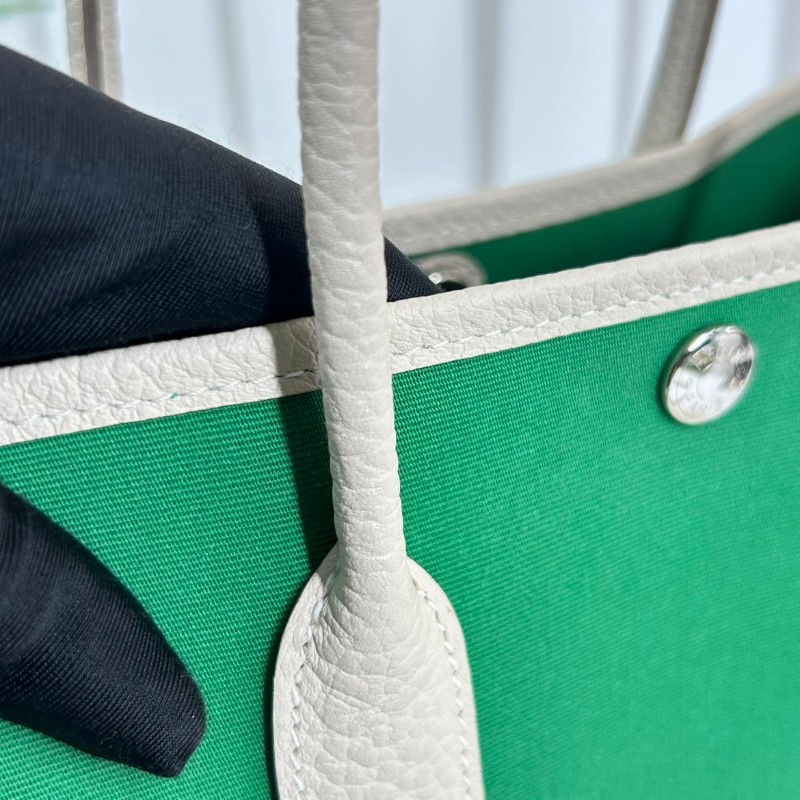 HERMES garden party 30 X刻 帆布拼皮竹子綠拼奶昔白 花園30手提包-16