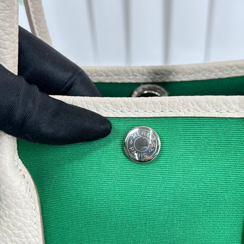 HERMES garden party 30 X刻 帆布拼皮竹子綠拼奶昔白 花園30手提包-17