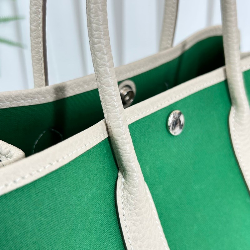HERMES garden party 30 X刻 帆布拼皮竹子綠拼奶昔白 花園30手提包-19