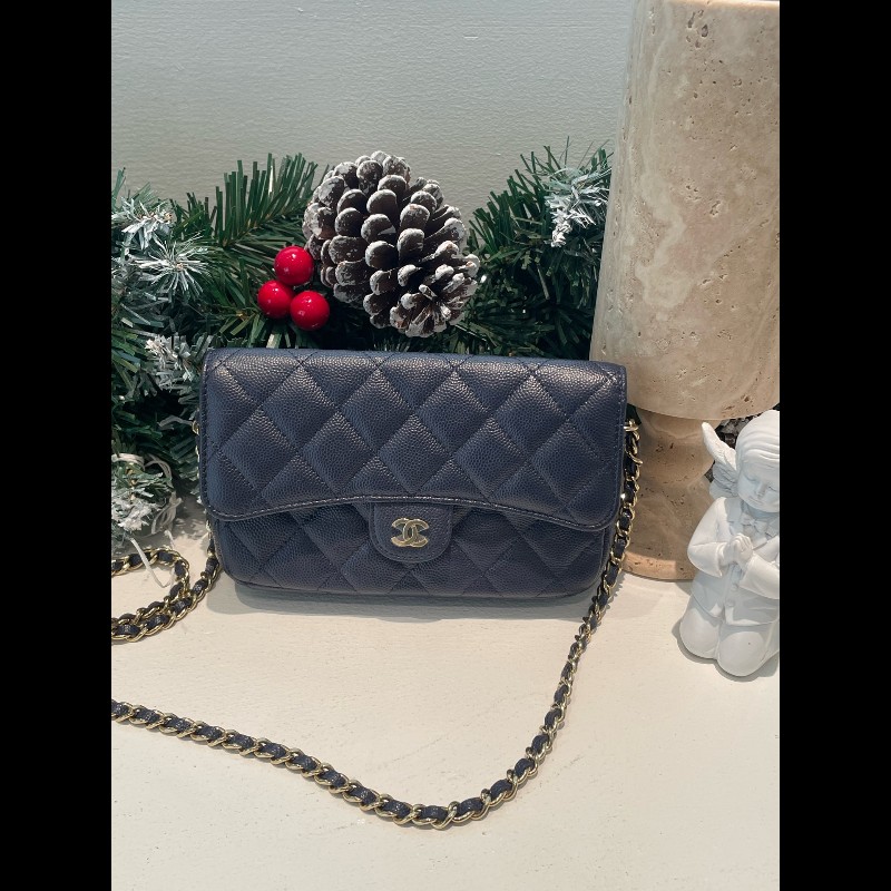 Chanel 藍色荔枝牛二合一woc鏈條包 晶片-0