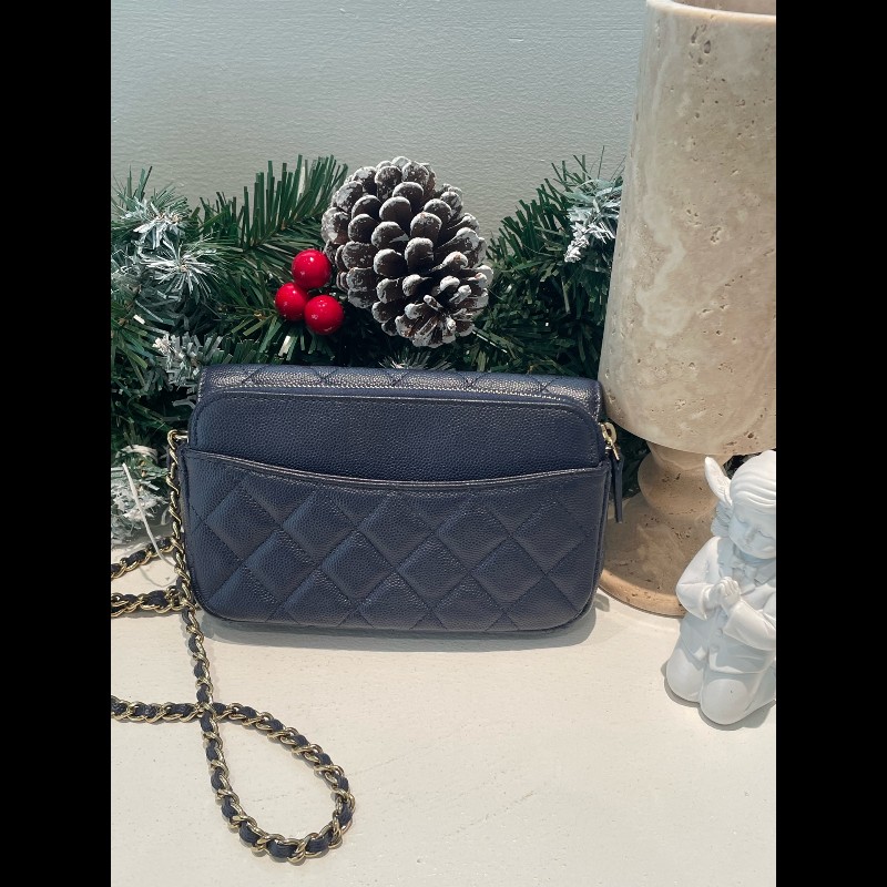 Chanel 藍色荔枝牛二合一woc鏈條包 晶片-4