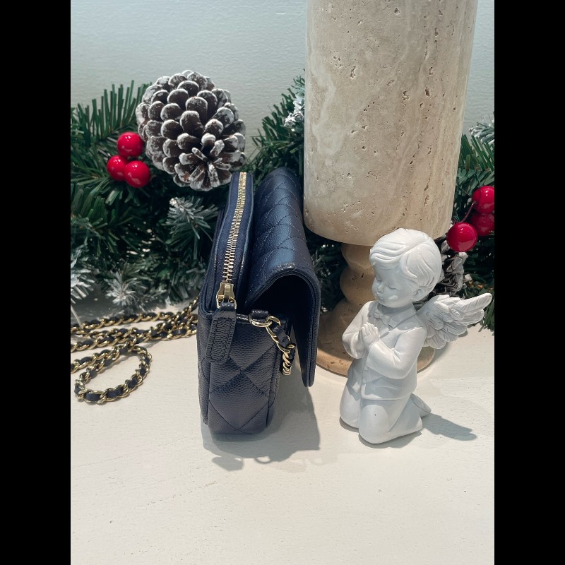 Chanel 藍色荔枝牛二合一woc鏈條包 晶片-5