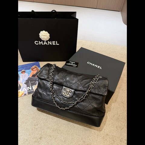 CHANEL黑銀羊皮硬底機場包肩背包