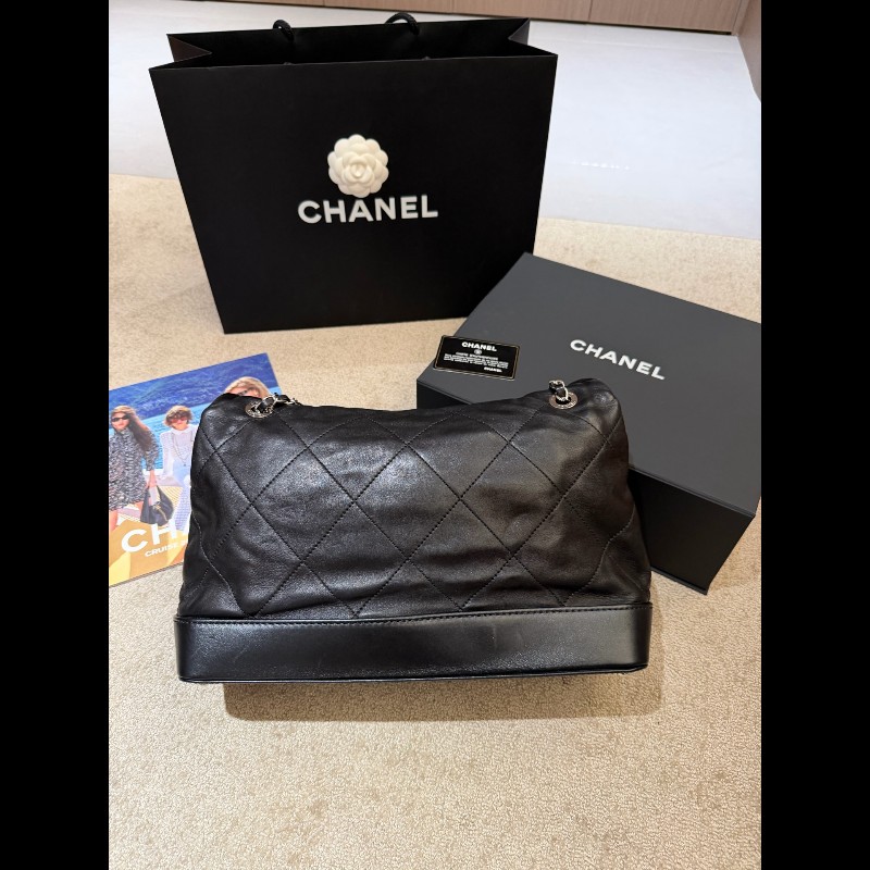 CHANEL黑銀羊皮硬底機場包肩背包-4