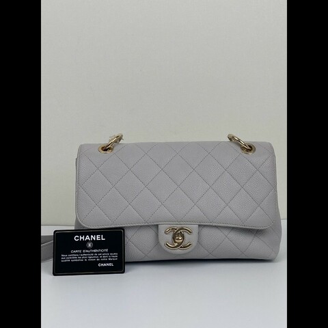 Chanel 淺灰色荔枝皮手提cf口蓋包