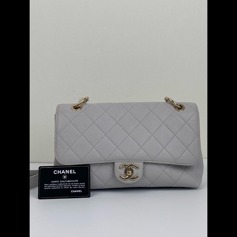 Chanel 淺灰色荔枝皮手提cf口蓋包-0