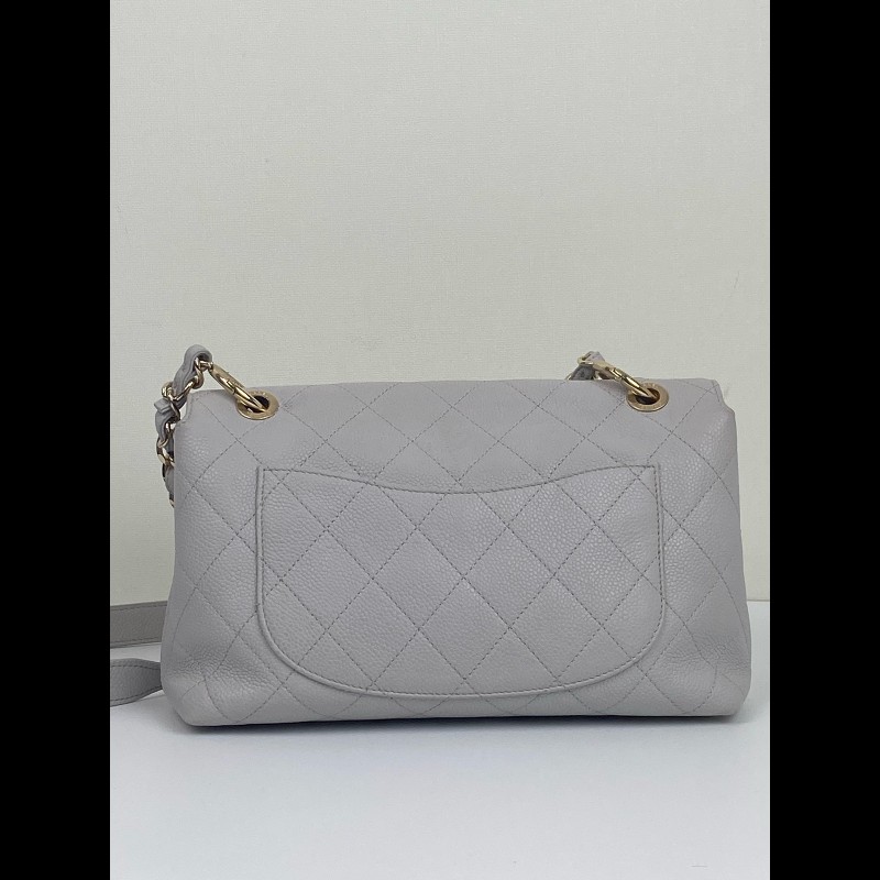 Chanel 淺灰色荔枝皮手提cf口蓋包-1