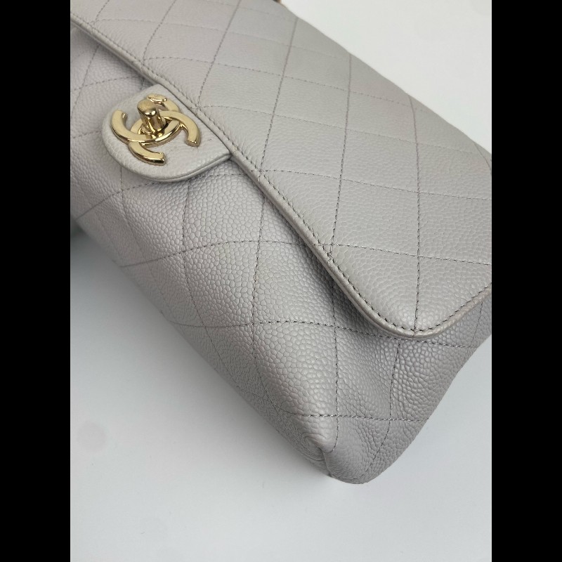 Chanel 淺灰色荔枝皮手提cf口蓋包-5