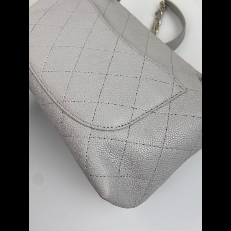 Chanel 淺灰色荔枝皮手提cf口蓋包-7