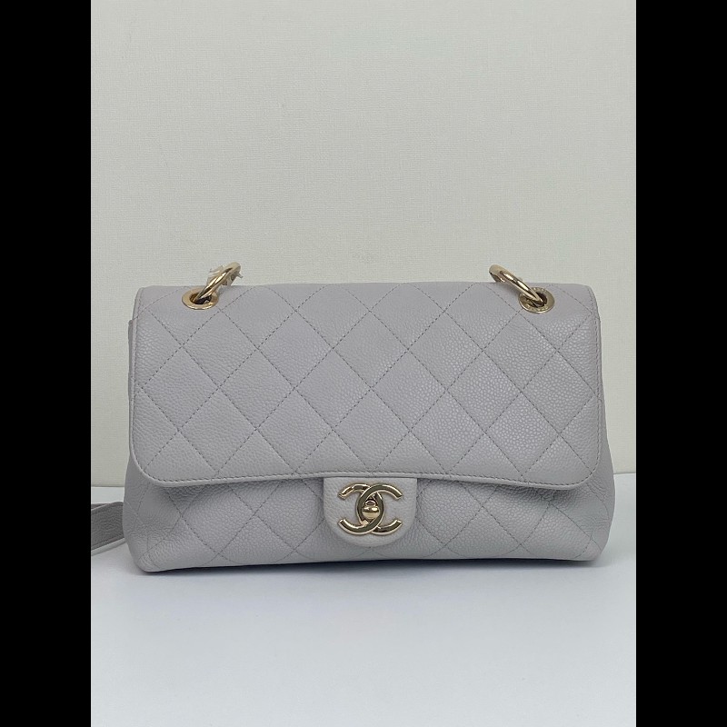 Chanel 淺灰色荔枝皮手提cf口蓋包-8