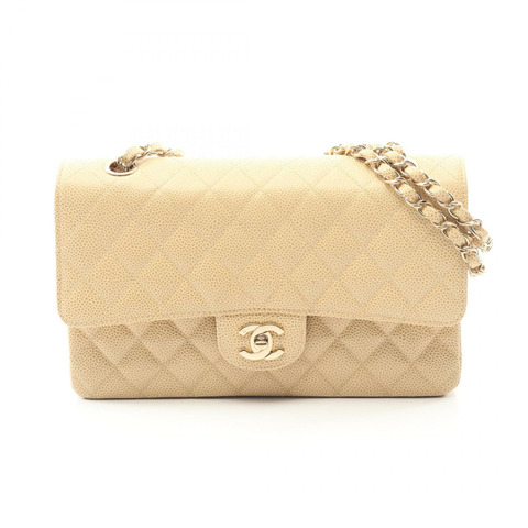 香奈兒 (CHANEL) Matelasse W 翻蓋肩背包 A01112 粒面小牛皮 米色 二手 女士