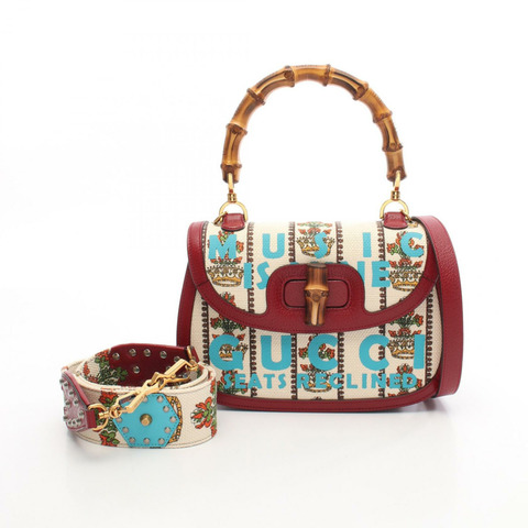 GUCCI MUSIC IS MINE 竹節單肩手提包 679632 帆布皮革 米色 波爾多紅