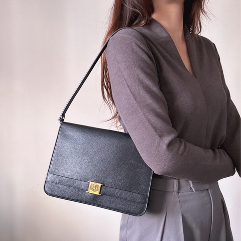 Christian Dior復古風琴包 腋下包斜背包 黑色真皮