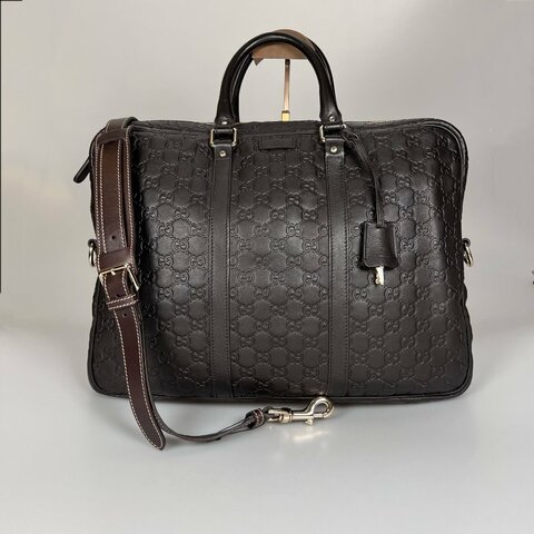 GUCCI 201480 咖皮革滿板壓紋公事包