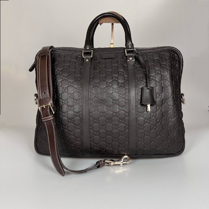 GUCCI 201480 咖皮革滿板壓紋公事包-0