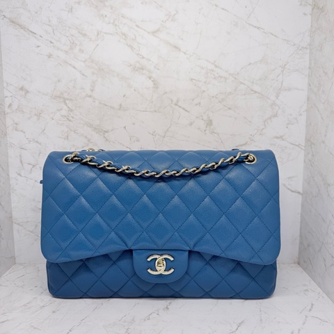 CHANEL藍色荔枝皮銀釦JUMBO