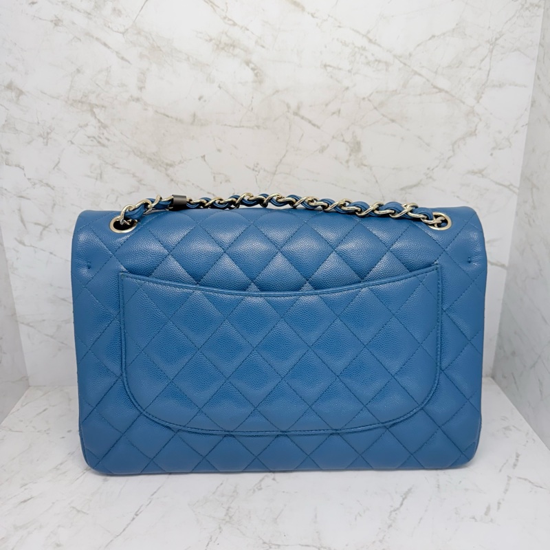 CHANEL藍色荔枝皮銀釦JUMBO-1