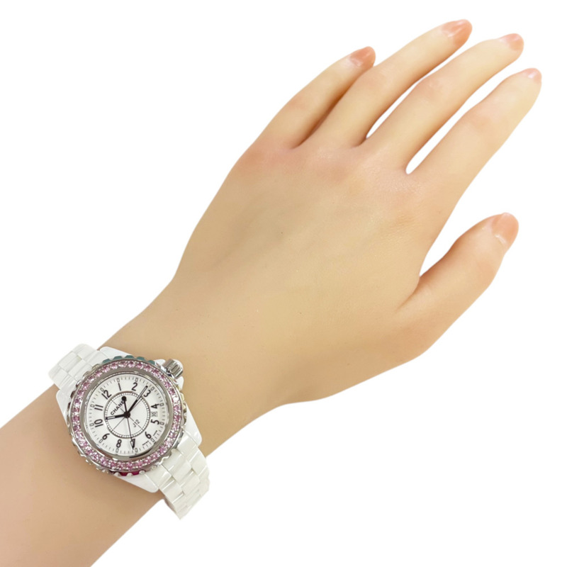 香奈兒 J12 女士腕錶，白色陶瓷 H1181 石英機芯，粉紅藍寶石錶圈-1