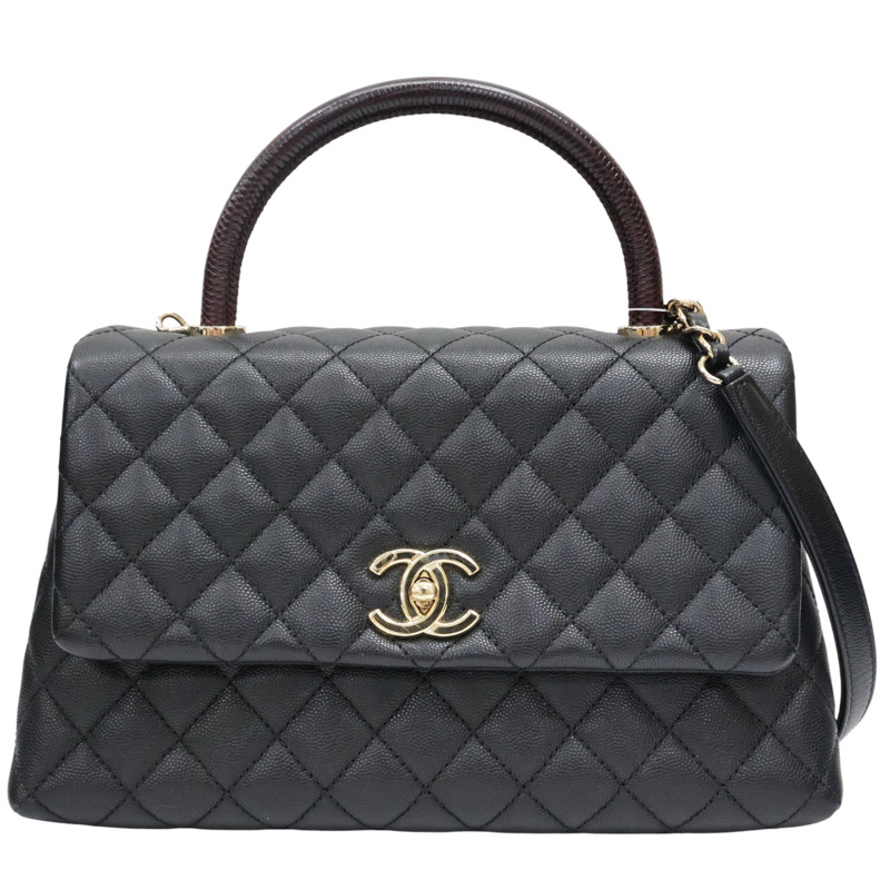 黑色 荔枝紋 菱格紋 牛皮 Coco Handle 29 兩用包 金釦 (無卡)【CHANEL 香奈兒】 A92992-0