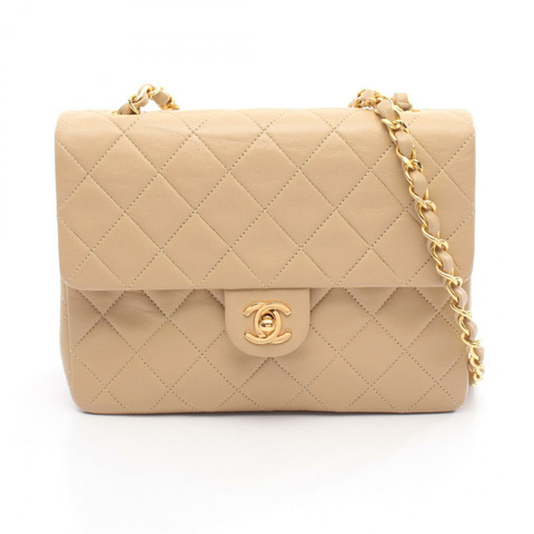 香奈兒迷你絎縫20鏈條肩背斜背包，米色皮革，金色五金，二手