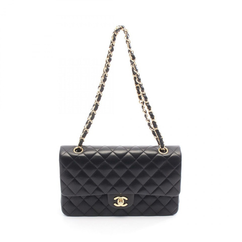 香奈兒 (CHANEL) 絎縫雙蓋鏈條肩背包，羊皮材質，黑色，金色五金，二手