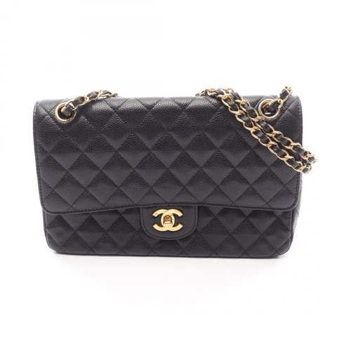 香奈兒 (CHANEL) Matelasse 雙蓋鏈條肩背包，小牛皮，黑色，金色五金，二手